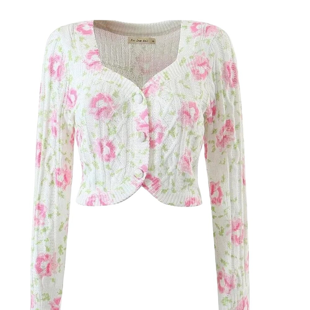 LoveShackFancy Cropped Floral Cotton Cardigan, Pink/Cream/Green, Size M (UK 10 /